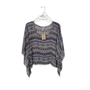 Sheer Aztec Kimono Poncho Tunic Sz M Rainbow Stripe Boxy Round Neck Crochet